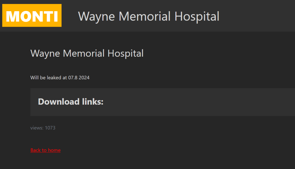 Wayne Memorial Hospital Monti ransomware